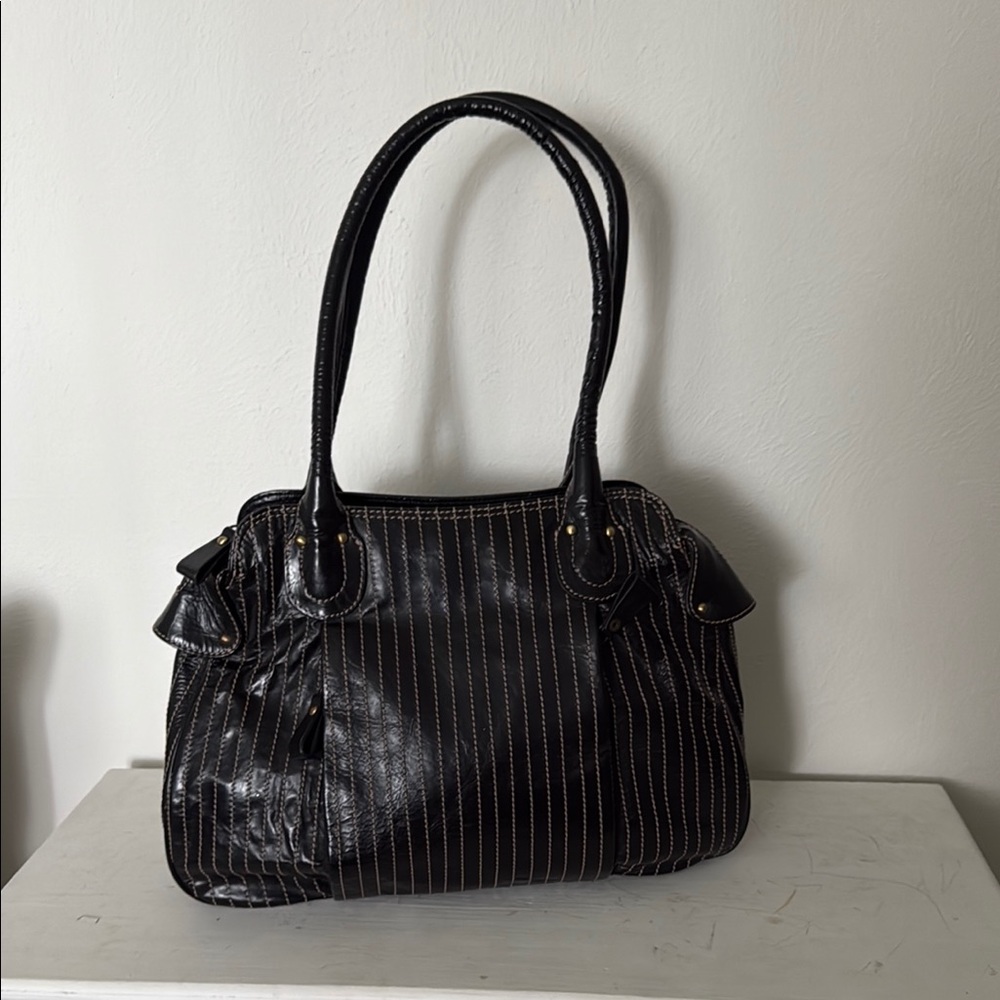 Michael Rome Elegant Black Striped Handbag